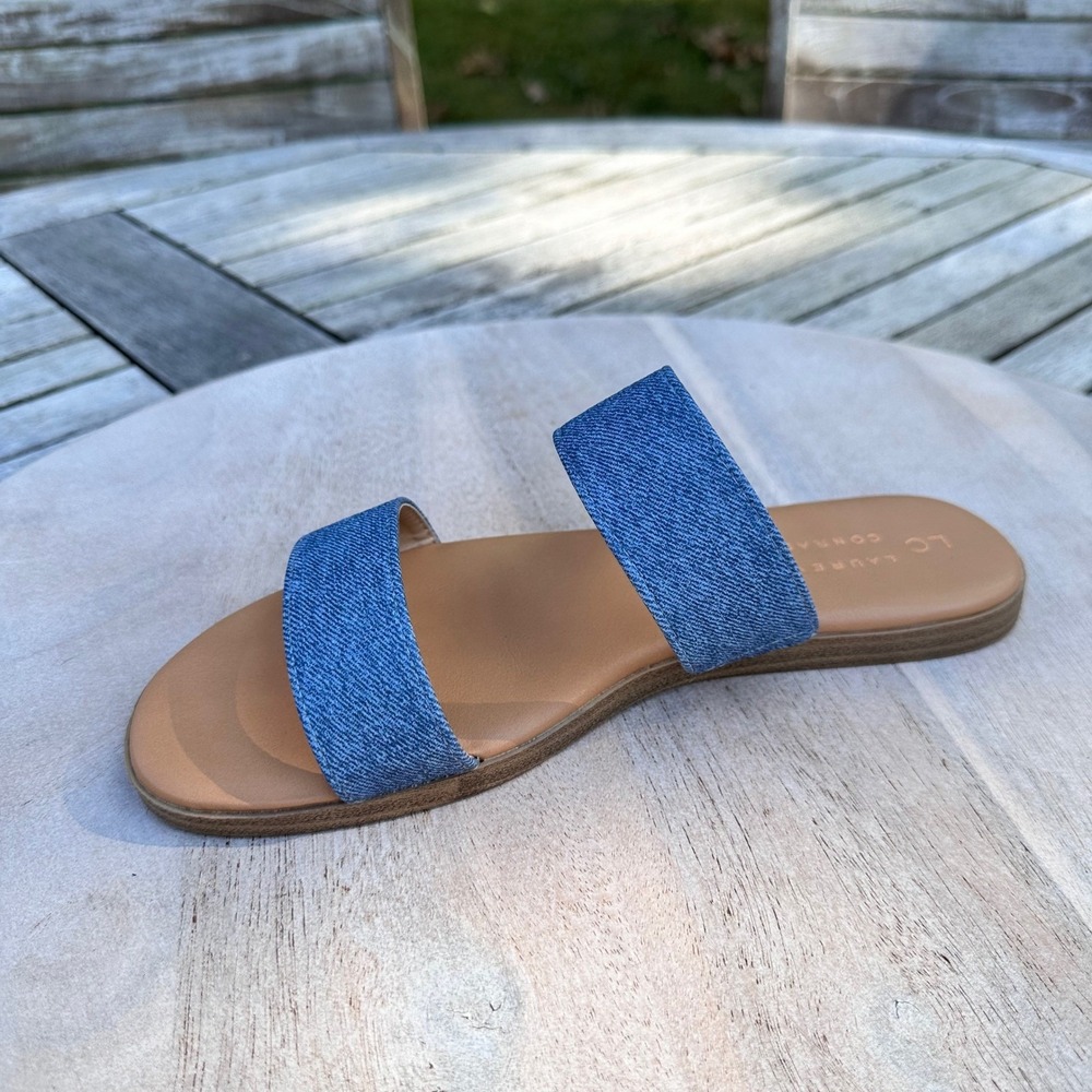 Lauren Conrad LC Womens Slide Sandals Size 8 Blue Denim Double Strap Flat Slides - Picture 3 of 13